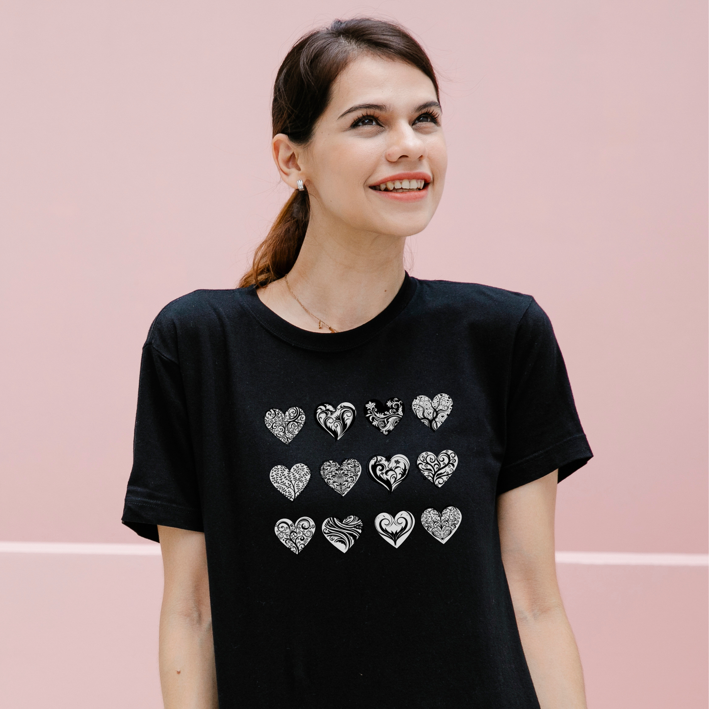 Rockonstienz Fancy Heart Grid, Graphic Tee with Multiple Heart Designs for Women