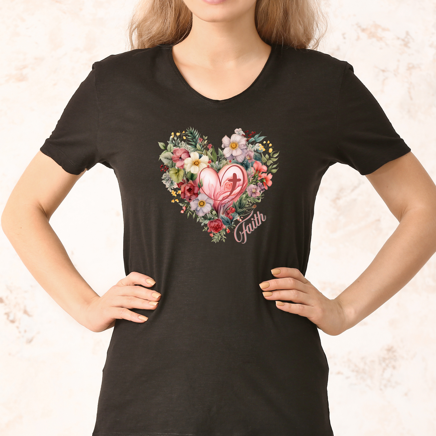 Rockonstienz Faith Floral Heart Graphic Tee is Inspirational with Cross in Floral Heart