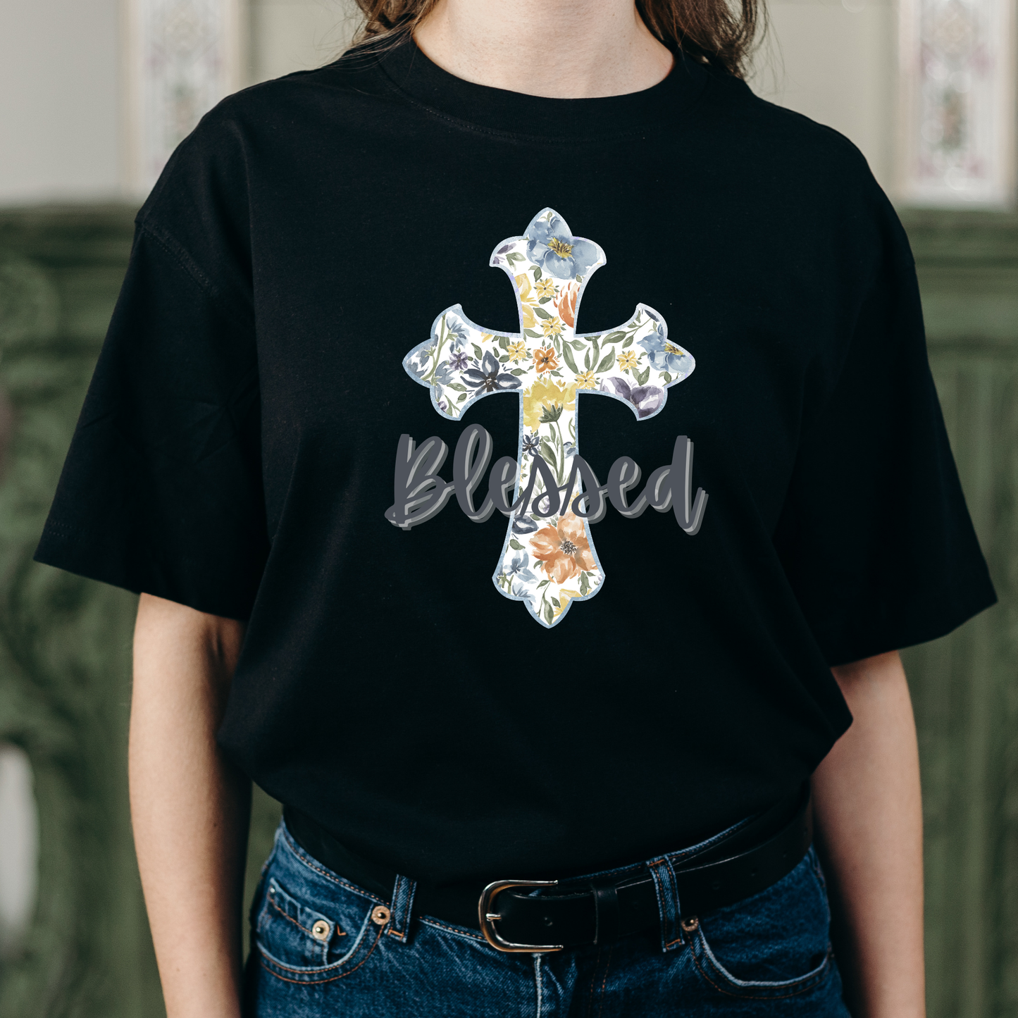 Rockonstienz Blessed Floral Cross T-Shirt – Christian Faith Graphic Tee